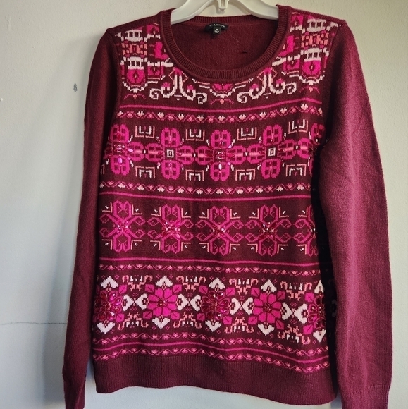 NWOT Talbots Red Chevron Holiday Print Wool Blend Sweater size Medium - Picture 1 of 7
